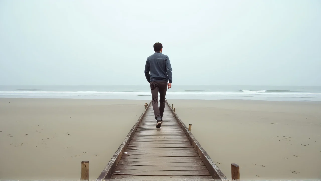 A man strolls along a weathered wooden dock at a tranquil beach.