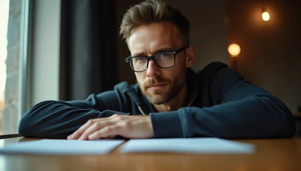 Man Wearing Eyeglasses at Wooden Table