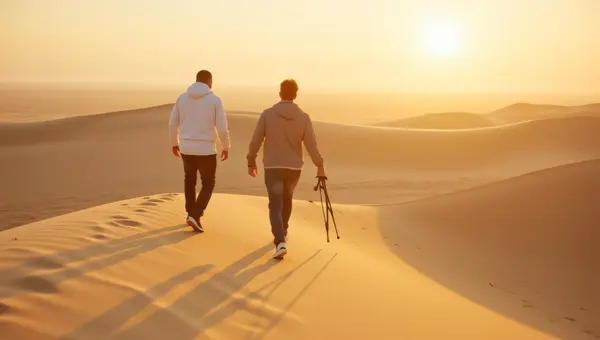 Man in White Jacket Walking on Sand Dune at Sunset