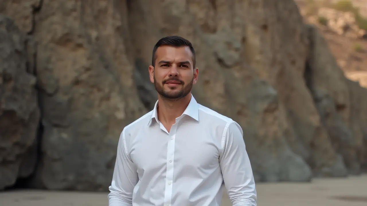 A man in a white dress shirt stands alone before a rugged rock face with natural side lighting.
