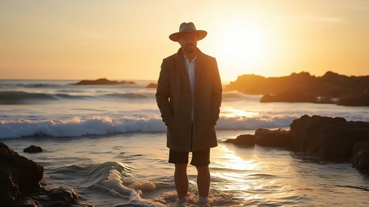 A man in a wide-brimmed hat stands at a rocky seashore, backlit by the setting sun.