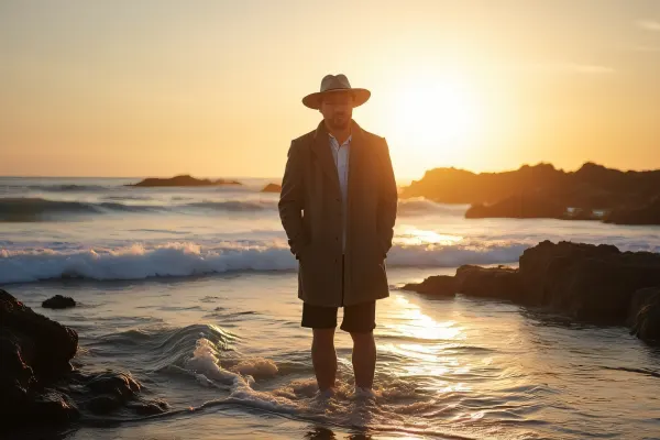 Man with Wide-Brimmed Hat at Rocky Seashore