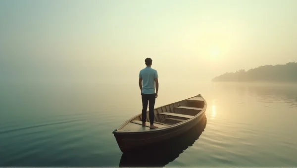 Man on Wooden Boat at Dawn with Misty Water