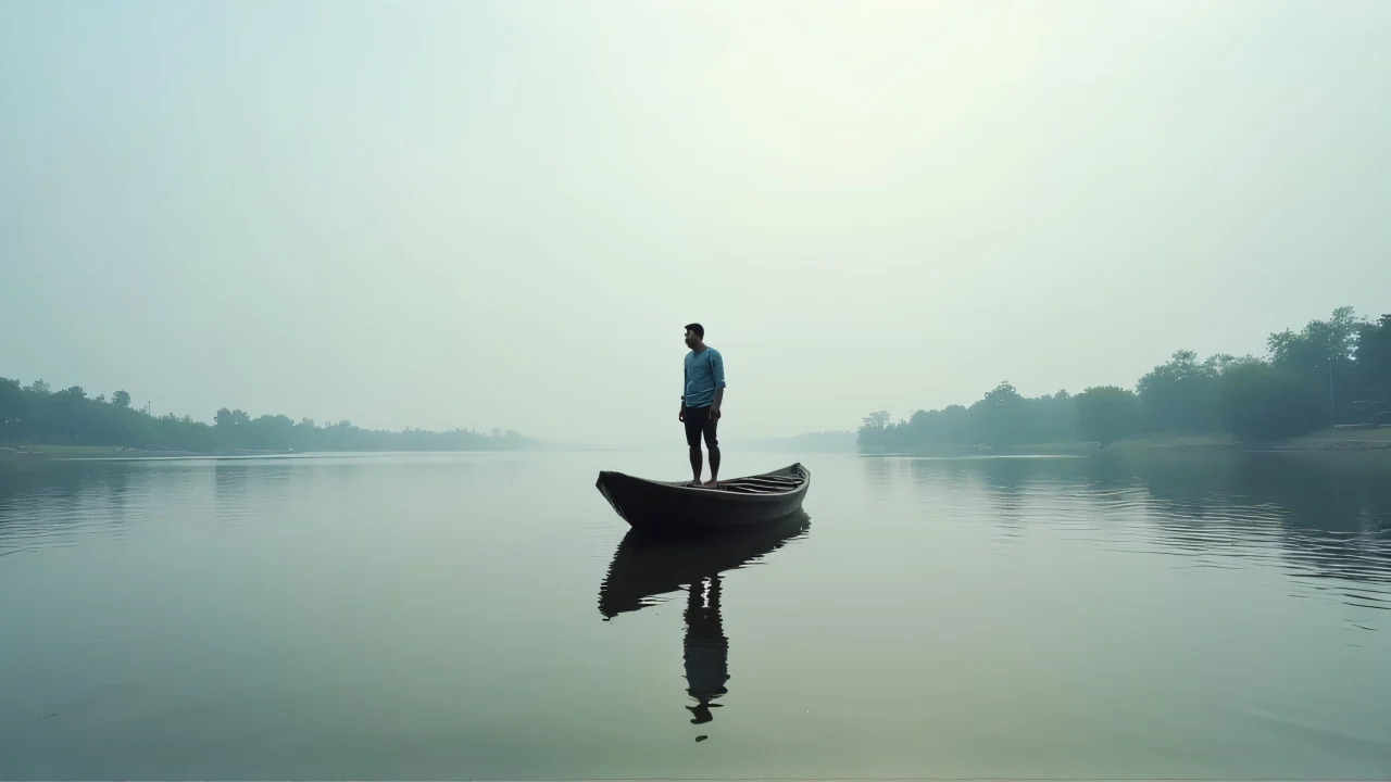 A man stands on a wooden boat in a calm river, surrounded by nature and soft light.