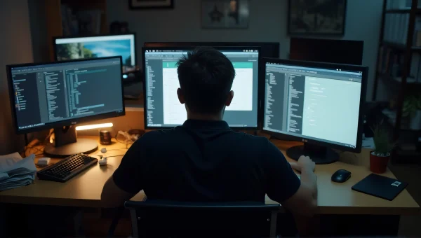Man Working at Cluttered Desk in Dim Office