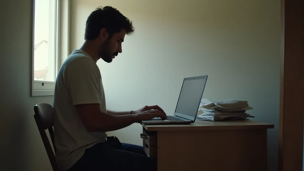 A man sitting at a cluttered desk using a laptop in his room.