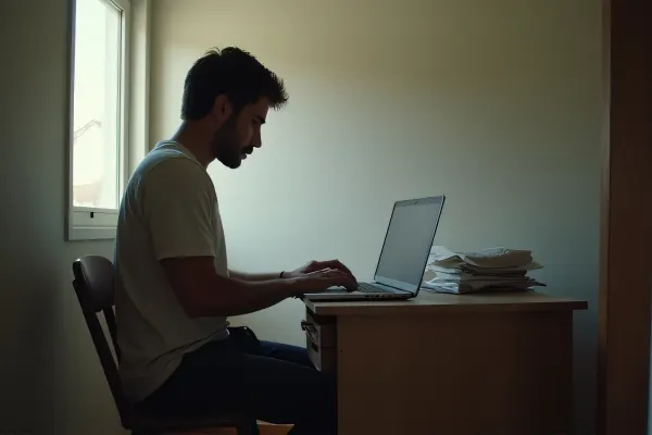 Man Working on Laptop in Modest Room