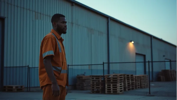 Man in Workwear Beside Industrial Warehouse Dusk