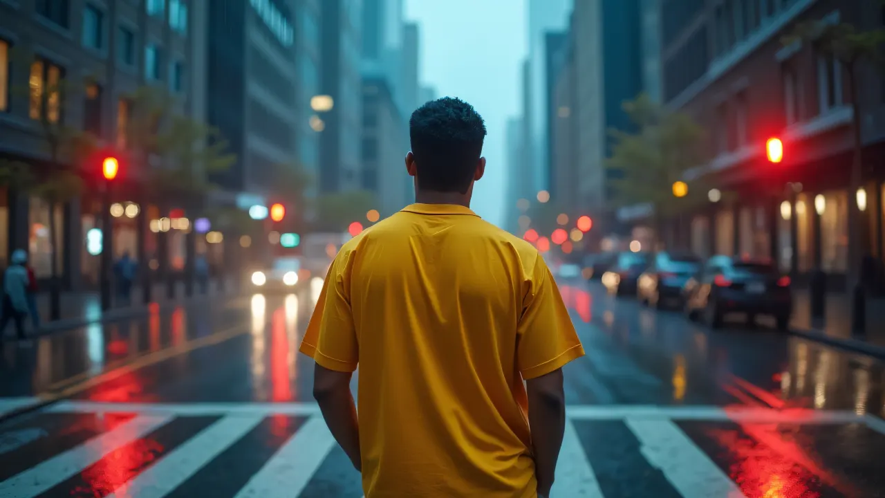 A man wearing a yellow shirt stands at a rainy city crosswalk with neon reflections on the wet pavement.