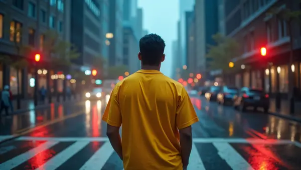 Man in Yellow Shirt at Rainy City Crosswalk