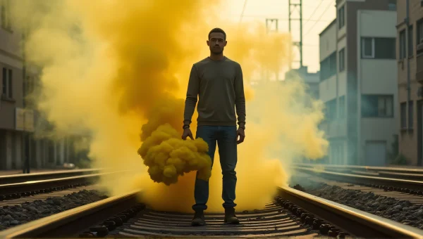 Man with Yellow Smoke Bomb on Railway Tracks