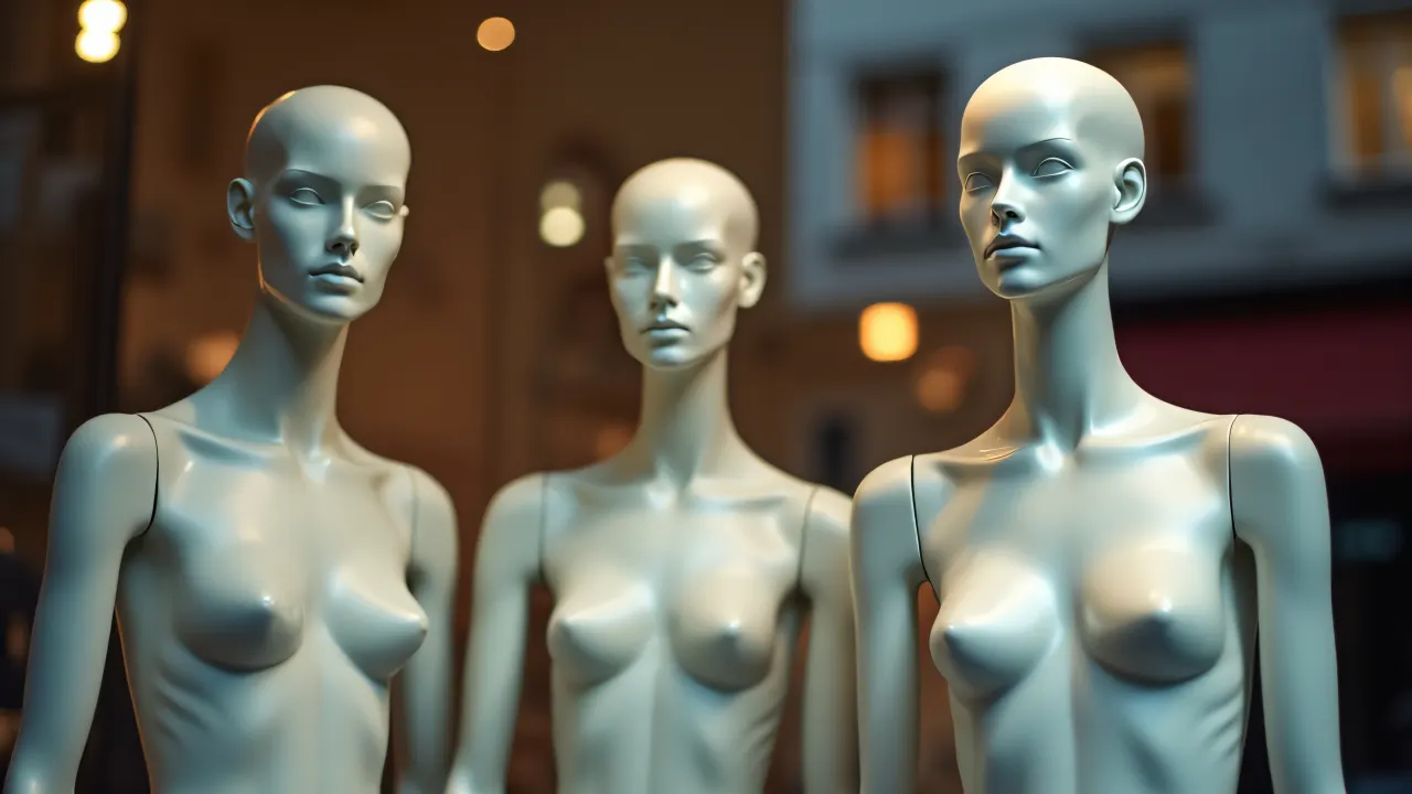 Three mannequins in a stylish shop window reflecting urban street life.