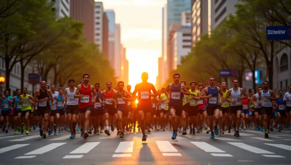 Marathon Runners Crossing City Street at Sunrise