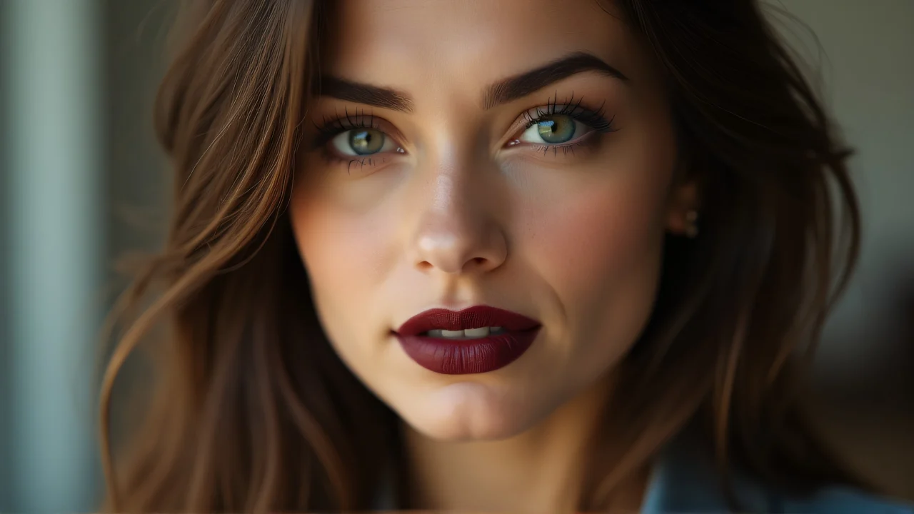 A close-up of a woman showcasing maroon lipstick and brown hair in soft lighting.