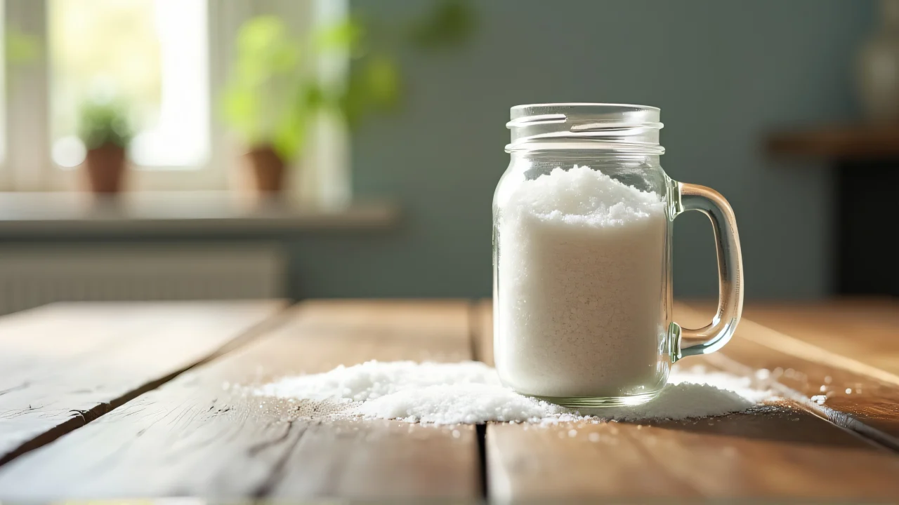 Close-up of a mason jar filled with coarse white salt on a wooden table.