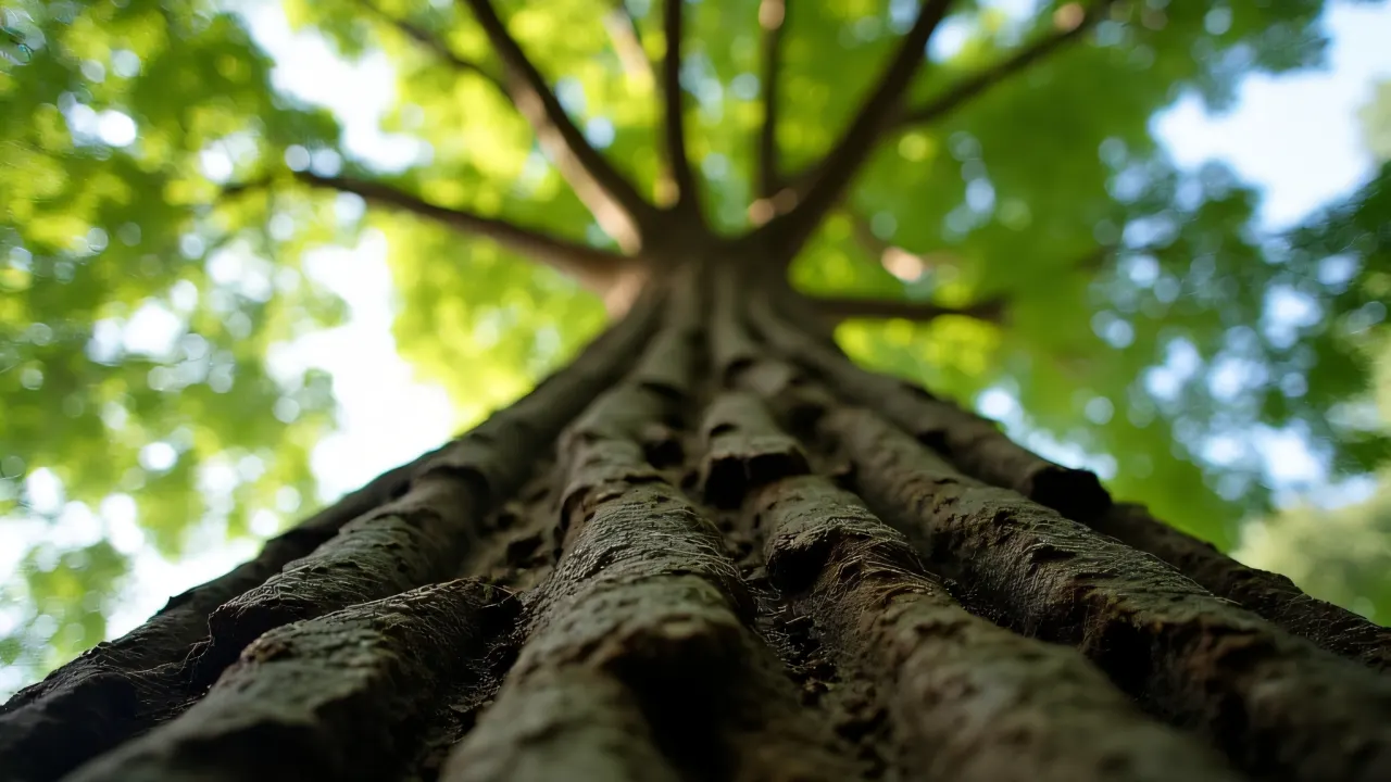 Low-angle view of a massive tree trunk with rough bark and soft light filtering through leaves.
