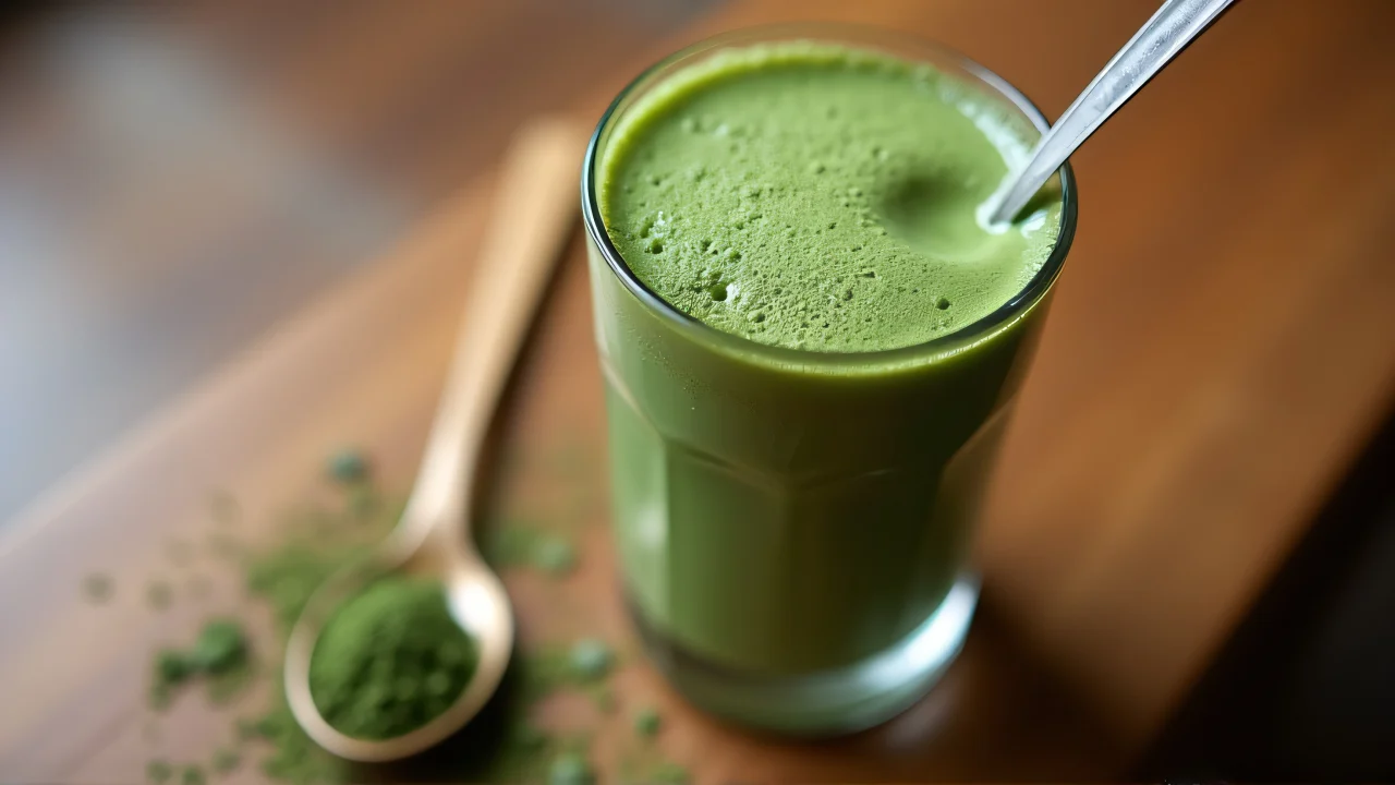 Close-up of a matcha drink with tea leaves and a spoon on a wooden table.