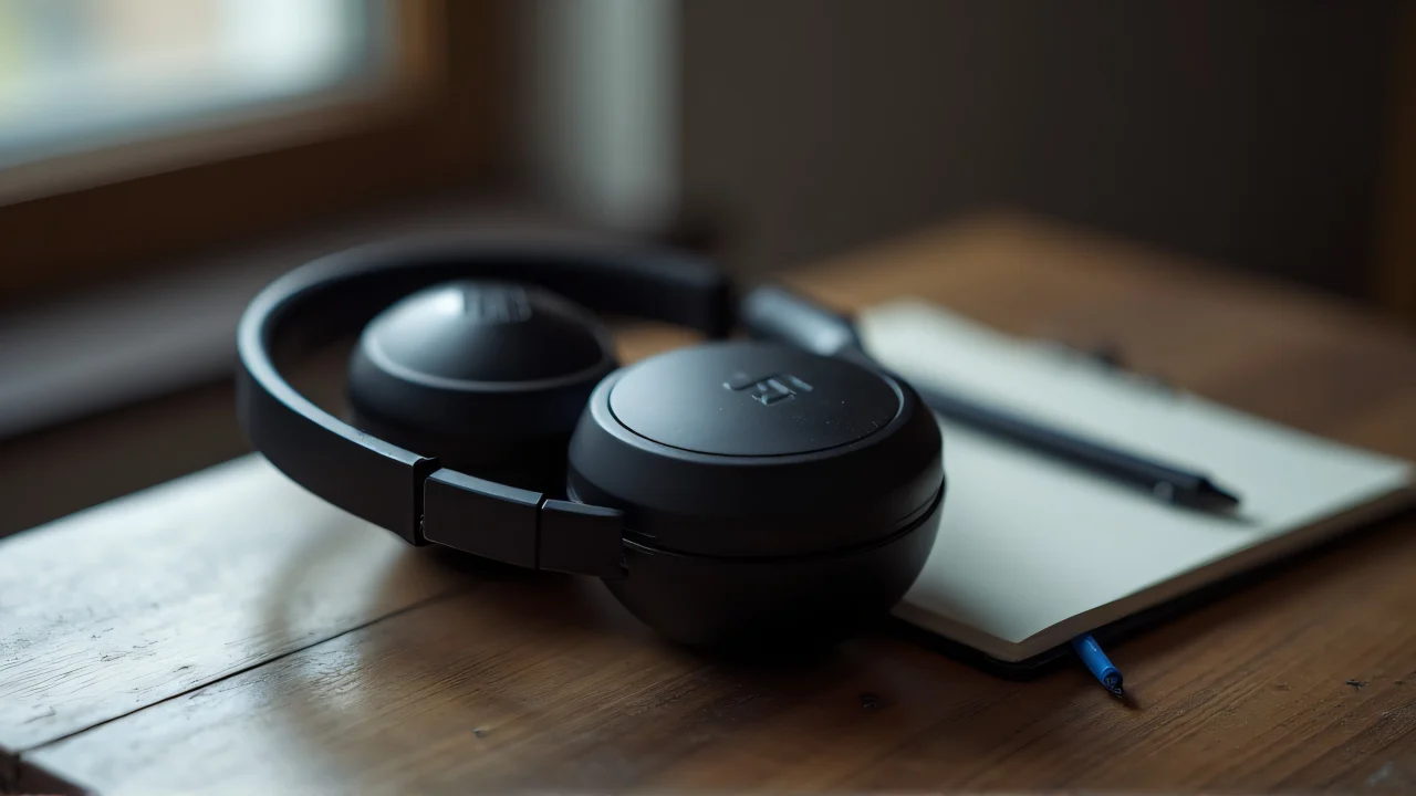 Matte black over-ear headset on a wooden table beside a notebook.