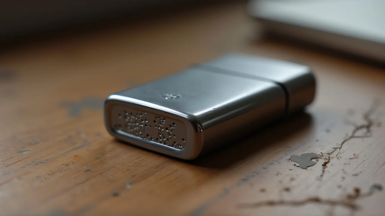 Close-up of a matte grey metal lighter resting on a scratched wooden table.