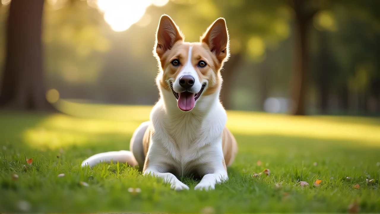 A medium-sized dog rests on green grass in a park setting.