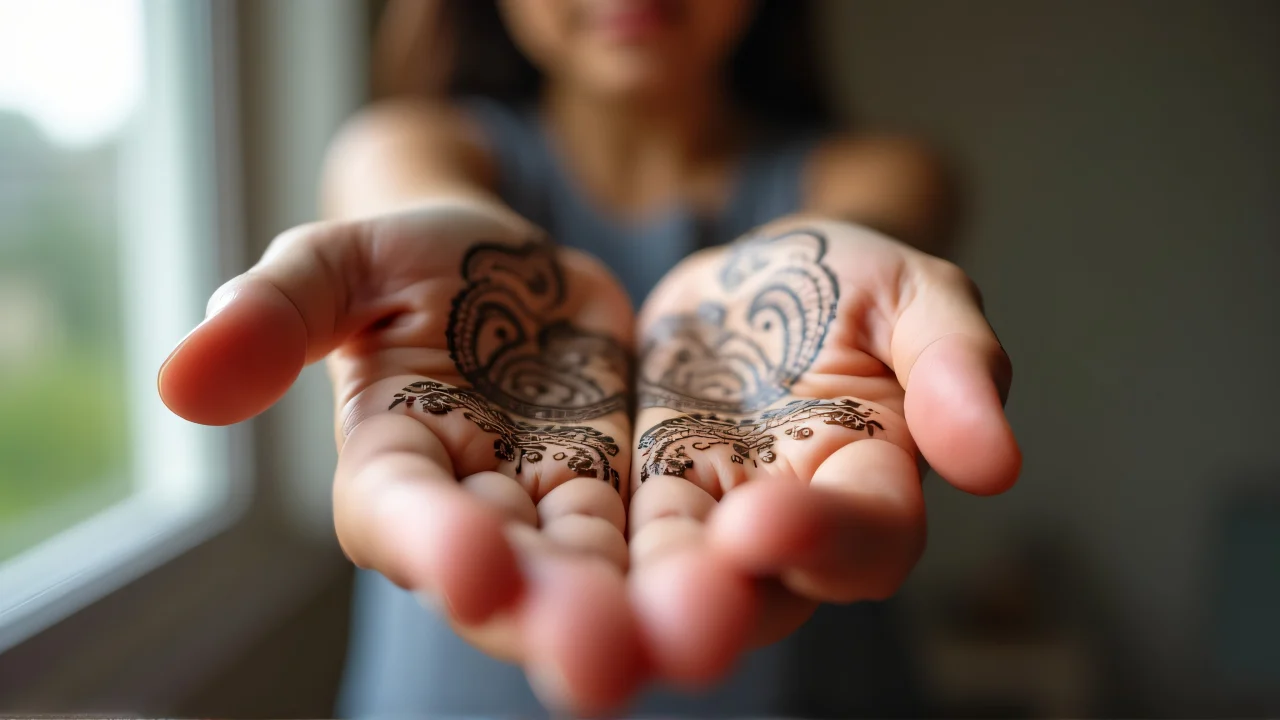Close-up of a hand showcasing a mehndi tattoo design.