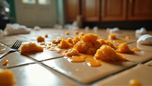 Melted Food Mess On Tiled Kitchen Floor