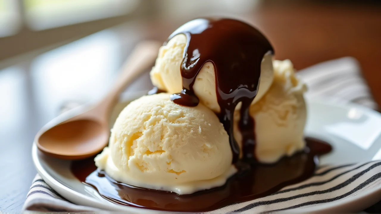 Close-up of melting vanilla ice cream with chocolate syrup and wooden spoon.