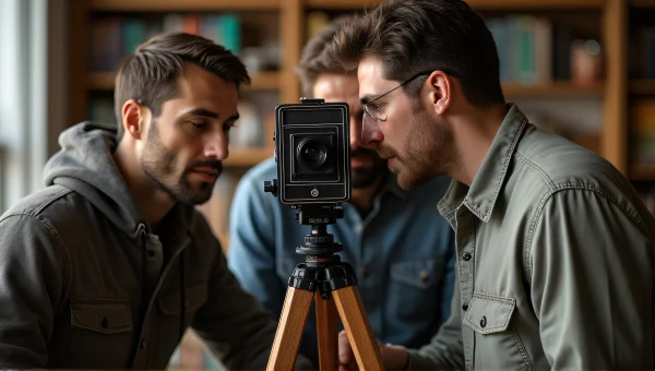 Men Analyzing Vintage Camera on Tripod