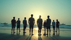 Men By The Sea At Dusk With Long Shadows