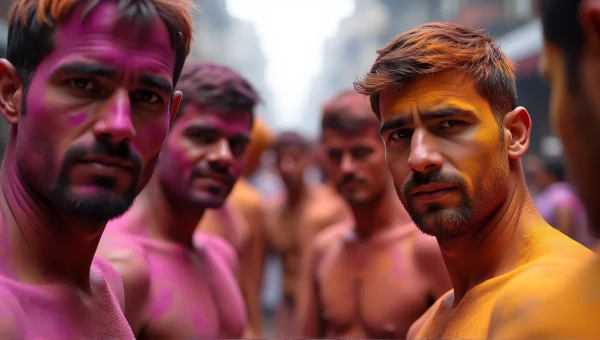 Men Celebrating Color Festival in Crowded Street