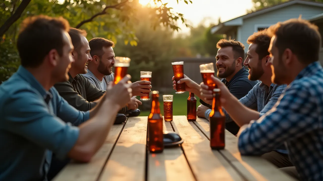 A group of men joyfully raising beer bottles around a picnic table in a backyard during the evening.