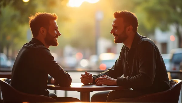 Men Conversing in Sunlit Cafe