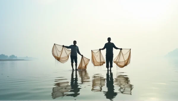 Men Fishing With Nets On Tranquil Water Surface
