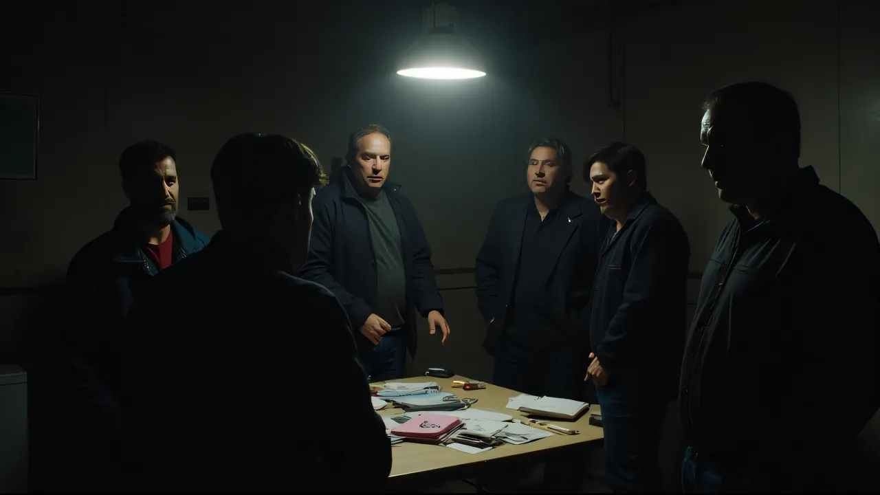 A group of men discuss strategies around a cluttered table in a dimly lit urban room.