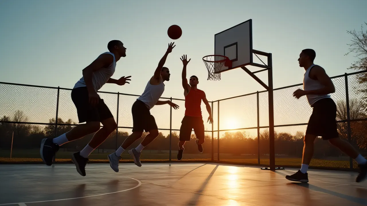 Four men engaged in a dynamic basketball jump shot at dusk.