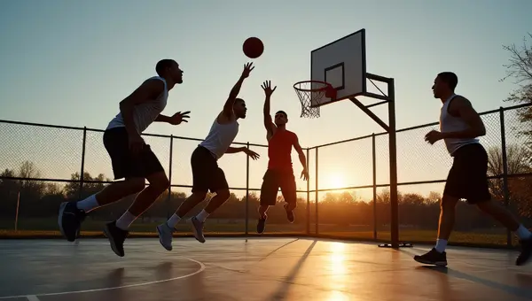 Men Playing Basketball Outdoor Court Dusk Action