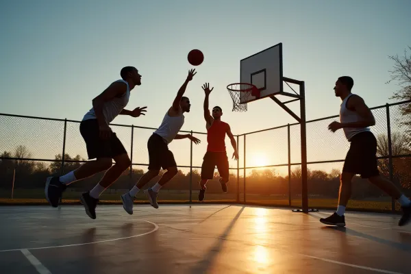 Men Playing Basketball Outdoor Court Dusk Action