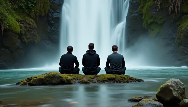 Men Relaxing by Waterfall on Mossy Stones