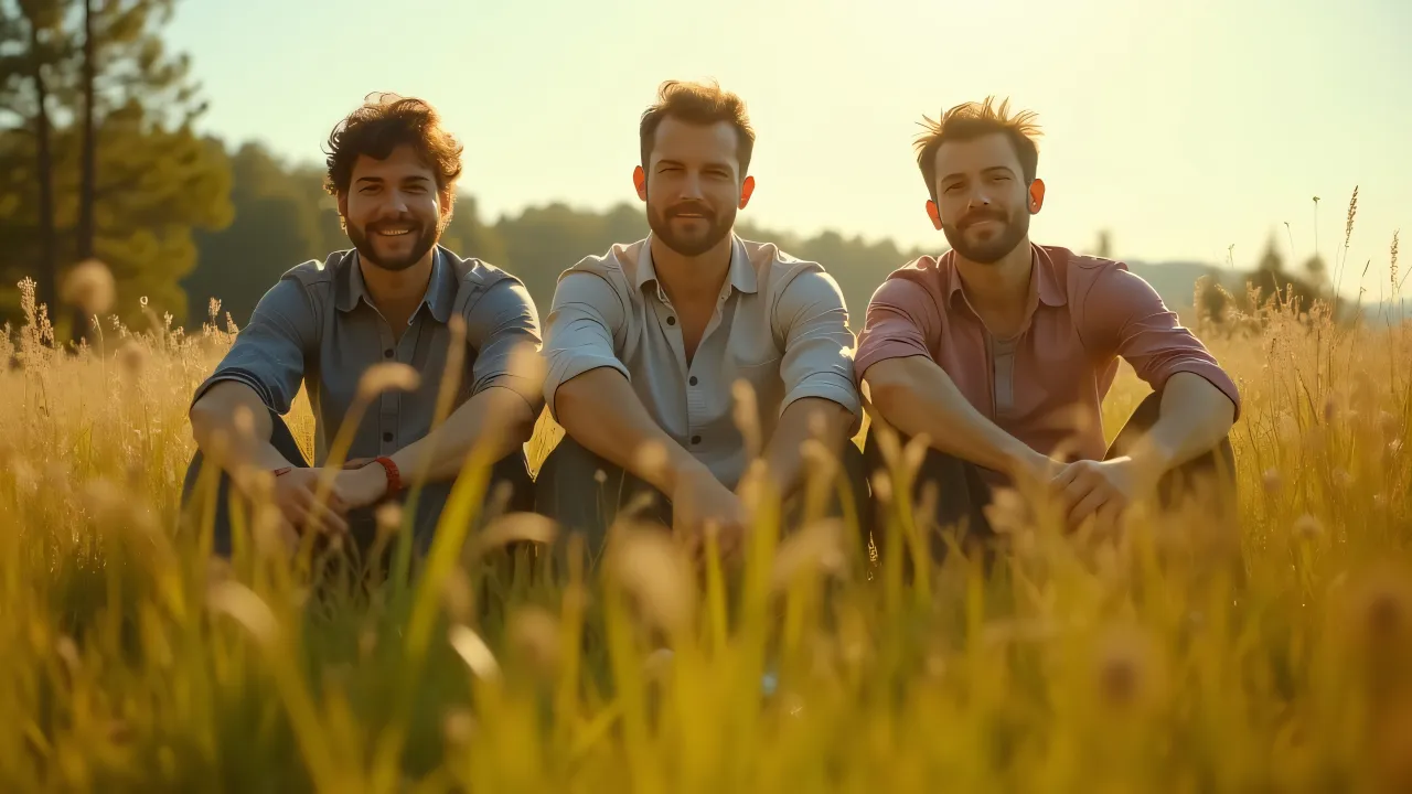 Three men sitting casually in tall grass under sunlight.