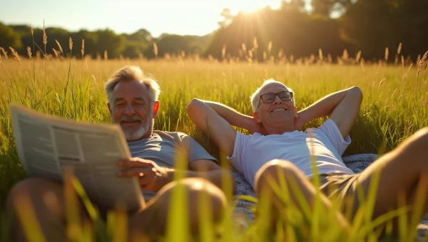 Men Relaxing in Sunlit Meadow Reading Newspaper