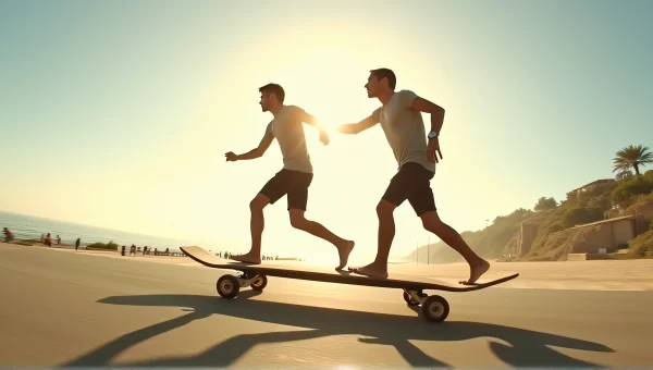 Men Riding Longboard on Coastal Promenade