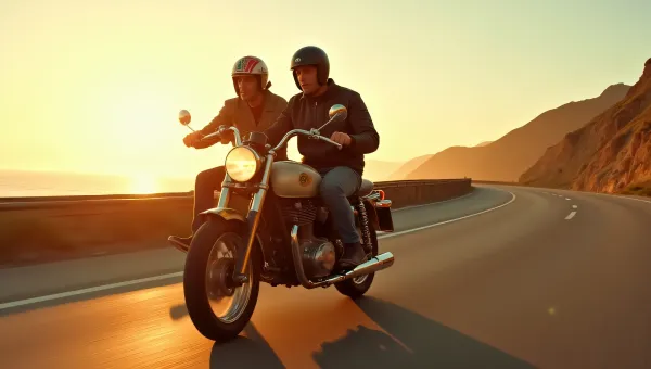Men Riding Vintage Motorcycle Coastline Sunset