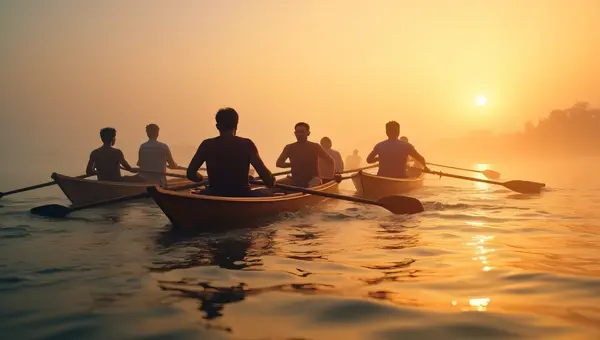 Men Rowing Boats at Dawn with Oars in Motion