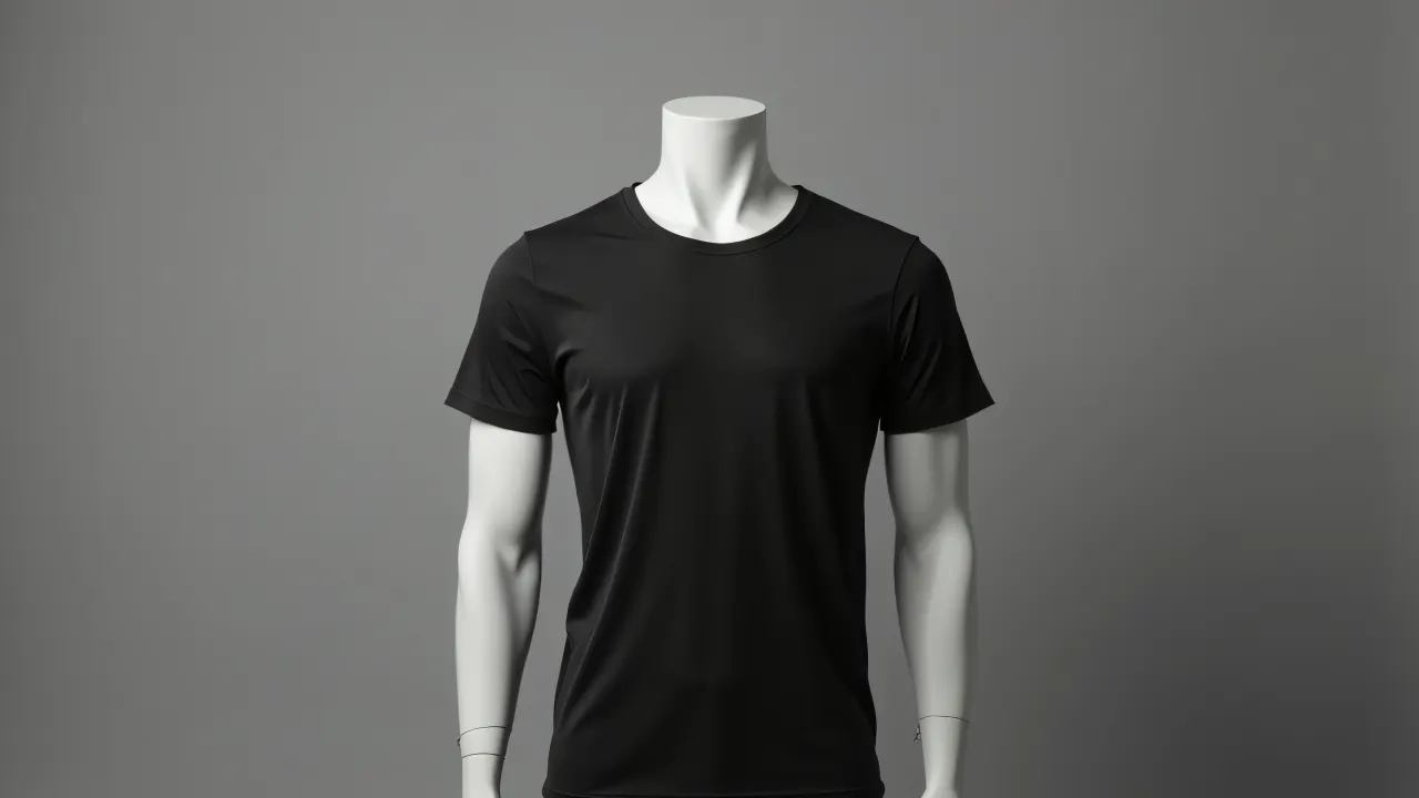 Front view of a men's crew-neck T-shirt in black and gray on a torso mannequin.