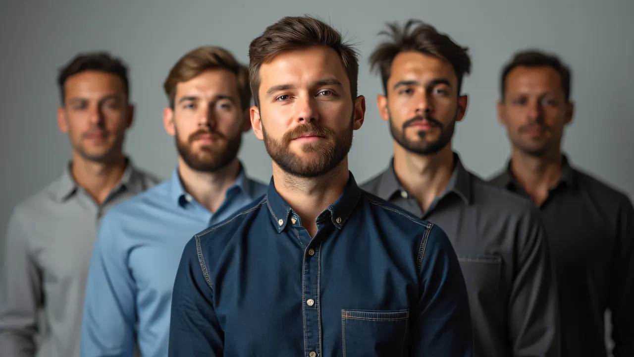Five men posed naturally in a studio with soft lighting and a blurred background.