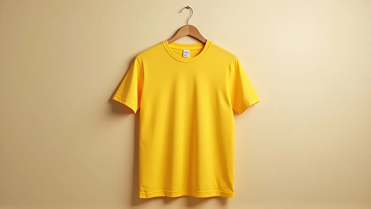 Front view of a men's yellow crew-neck t-shirt hanging on a hanger against a neutral background.