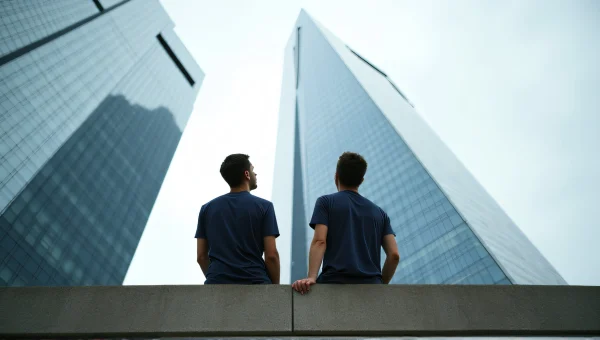 Men Seated On Ledge Looking At Skyscraper