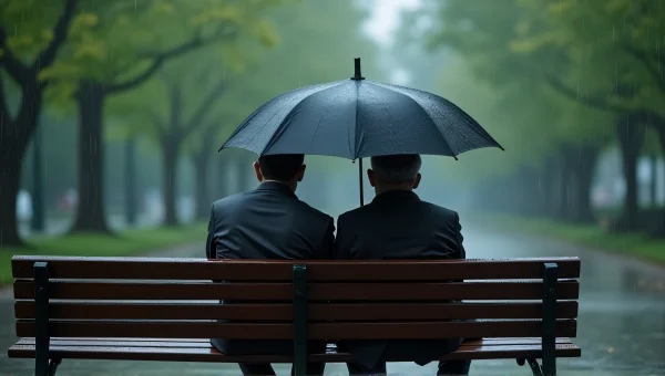 Men Sharing Umbrella On Park Bench In Rain