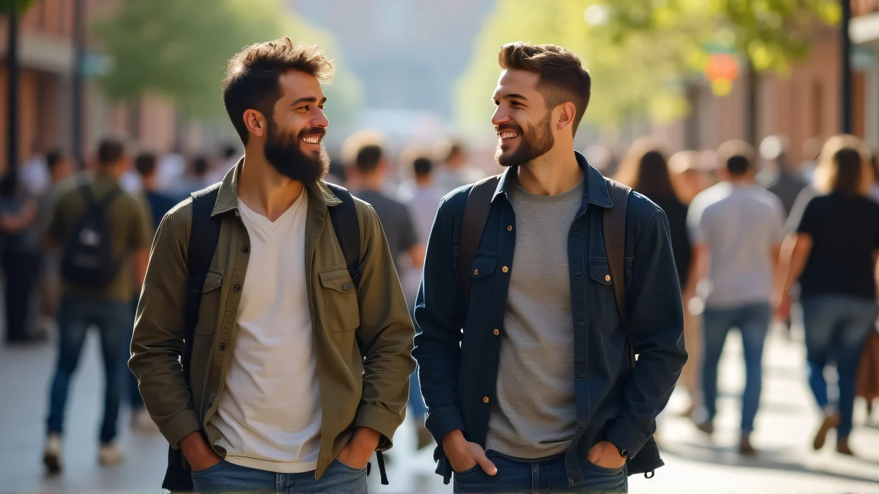 Two men enjoy a candid moment while walking through a busy urban plaza.