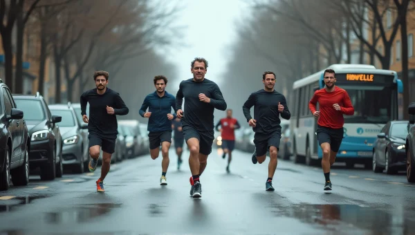 Men Sprinting on Wet Urban Street with Motion Blur